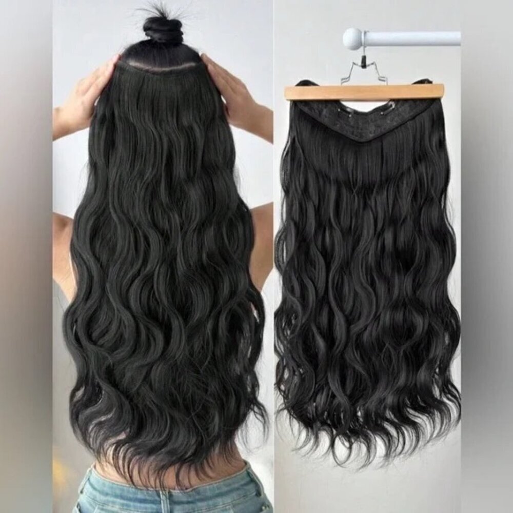 U Shaped Black Wavy One Piece Thick Clip in Hair Extension Piece 22 In long